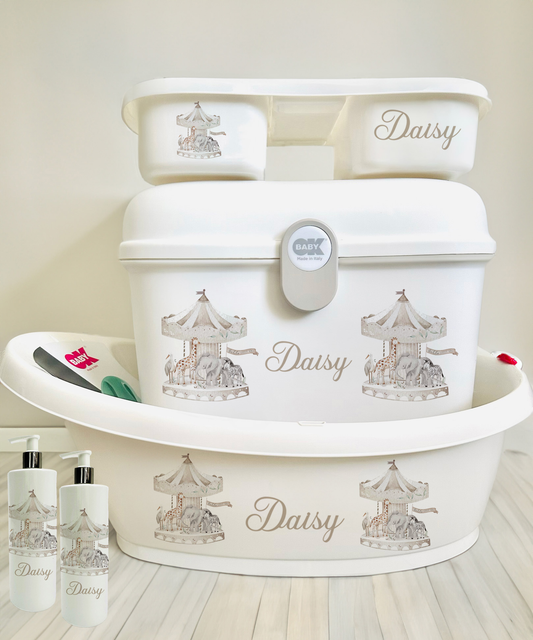 Ok Baby Bath personalised set Watercolour carousal cream