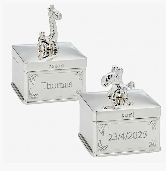 Engraved silver curl and tooth box