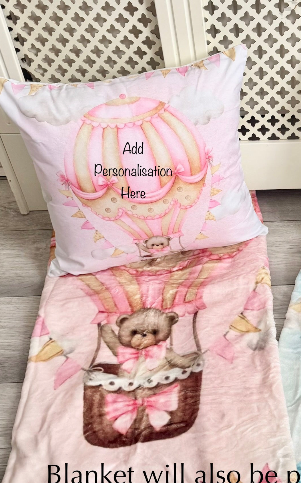 Personalised Hotair balloon pink Blanket and pillow sets