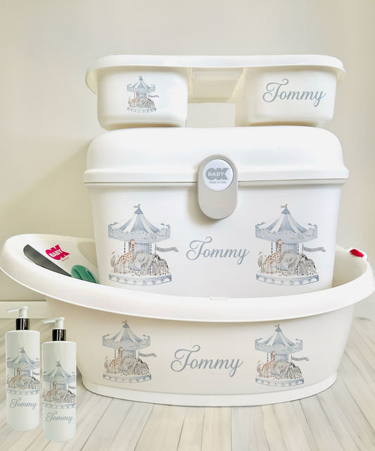 Ok Baby Bath personalised set Watercolour carousal blue