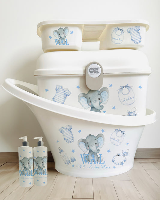Shnuggle bath personalised set Lux Blue Elephant
