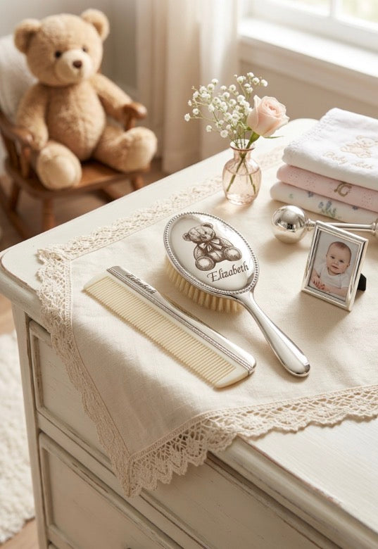 Engraved sliver brush and comb set