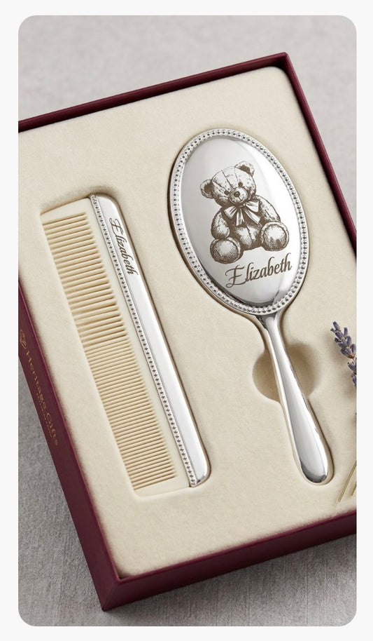 Engraved sliver brush and comb set