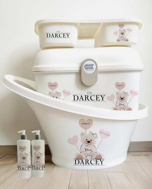 Shnuggle bath personalised set Designer pink bear