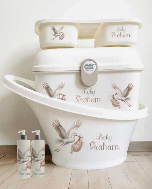 Shnuggle bath personalised set Stork cream
