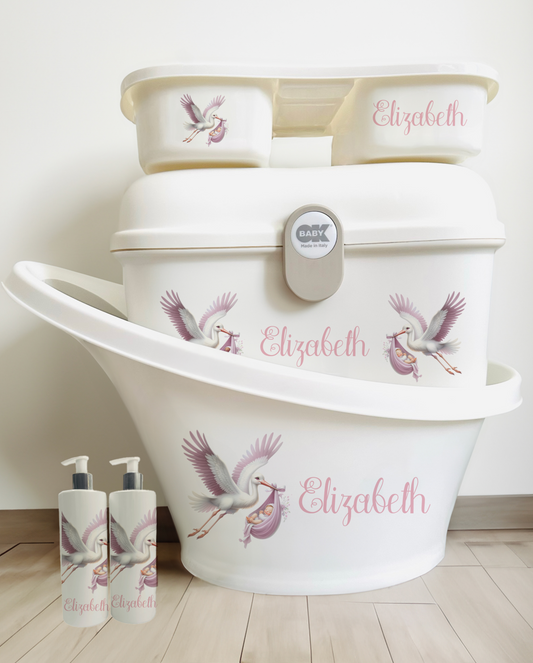 Shnuggle bath personalised set Stork pink