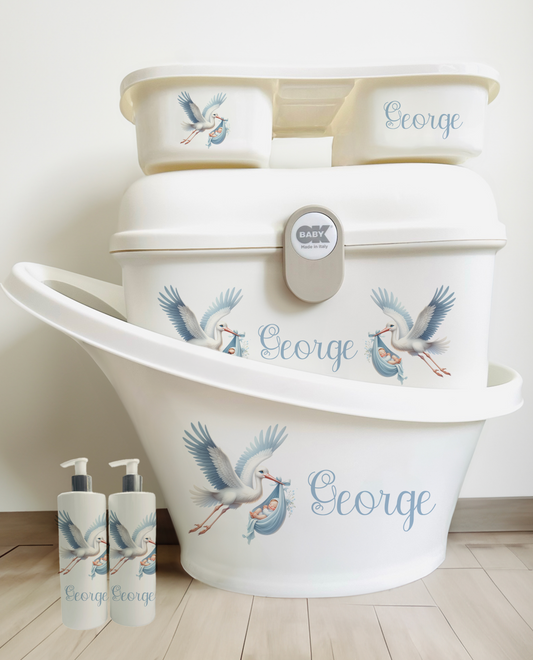 Shnuggle bath personalised set Stork blue