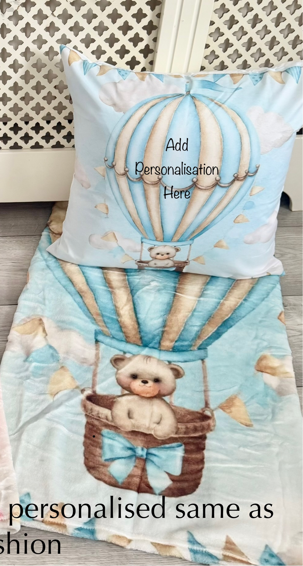 Personalised Hotair Balloon Blue Blanket and pillow sets
