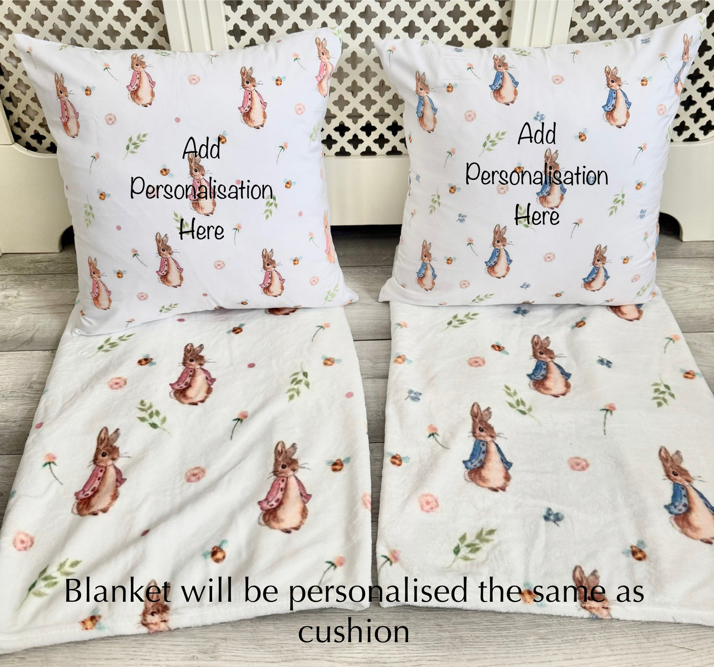 Personalised peter rabbit blue Blanket and pillow sets