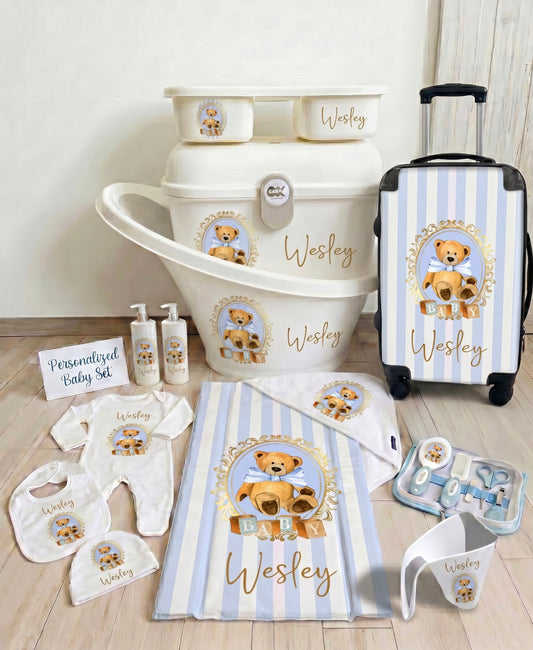 Shnuggle personalised baby bundle Stripe bear Blue
