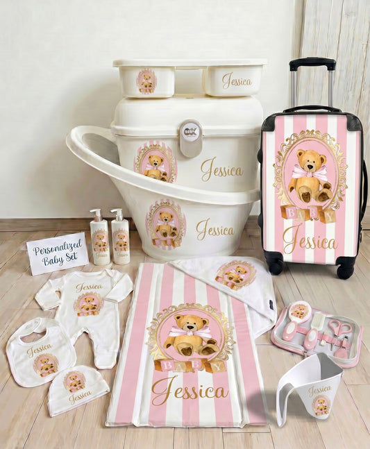 Shnuggle personalised baby bundle Stripe bear Pink