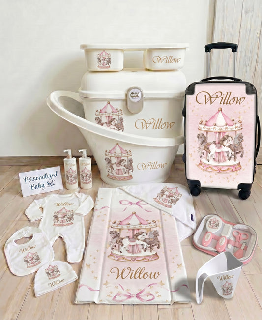 Shnuggle personalised baby bundle Pink Carousal