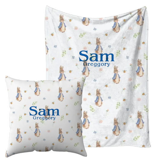 Personalised peter rabbit blue Blanket and pillow sets