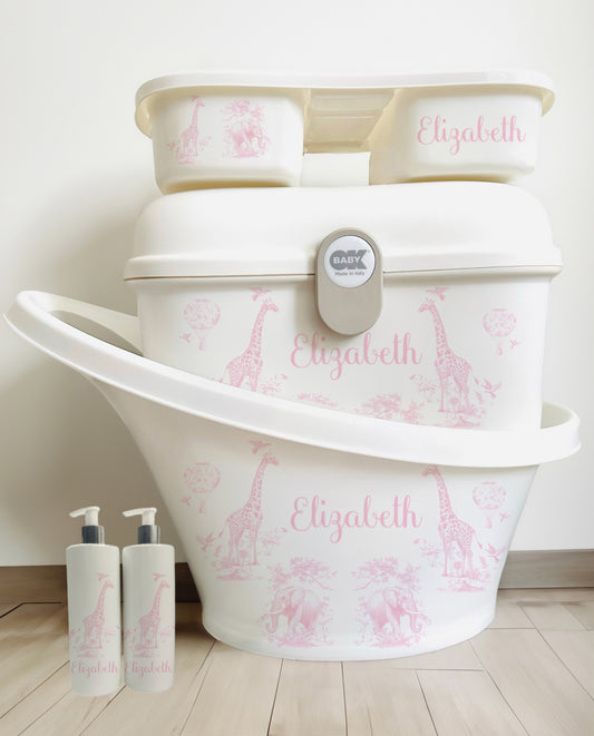 Shnuggle bath personalised set toile Pink saffari