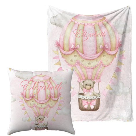 Personalised Hotair balloon pink Blanket and pillow sets