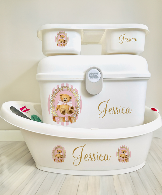 Ok baby bath personalised set Stripe bear Pink