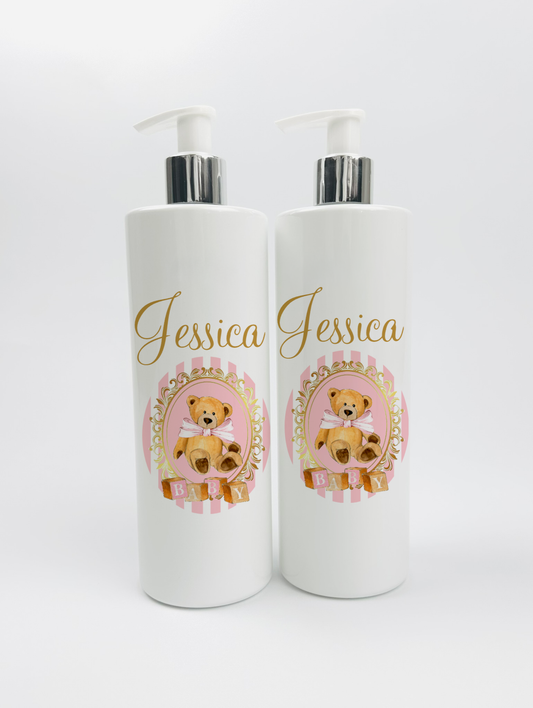 Shnuggle bath personalised set Stripe bear Pink