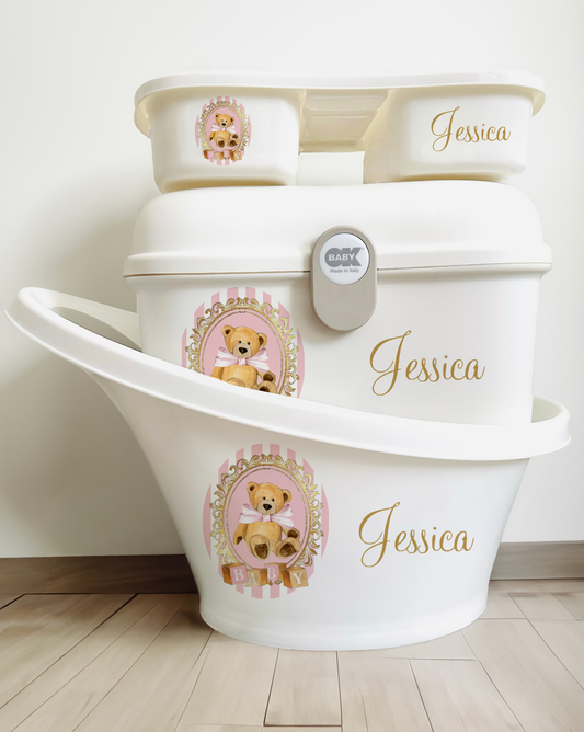 Shnuggle bath personalised set Stripe bear Pink