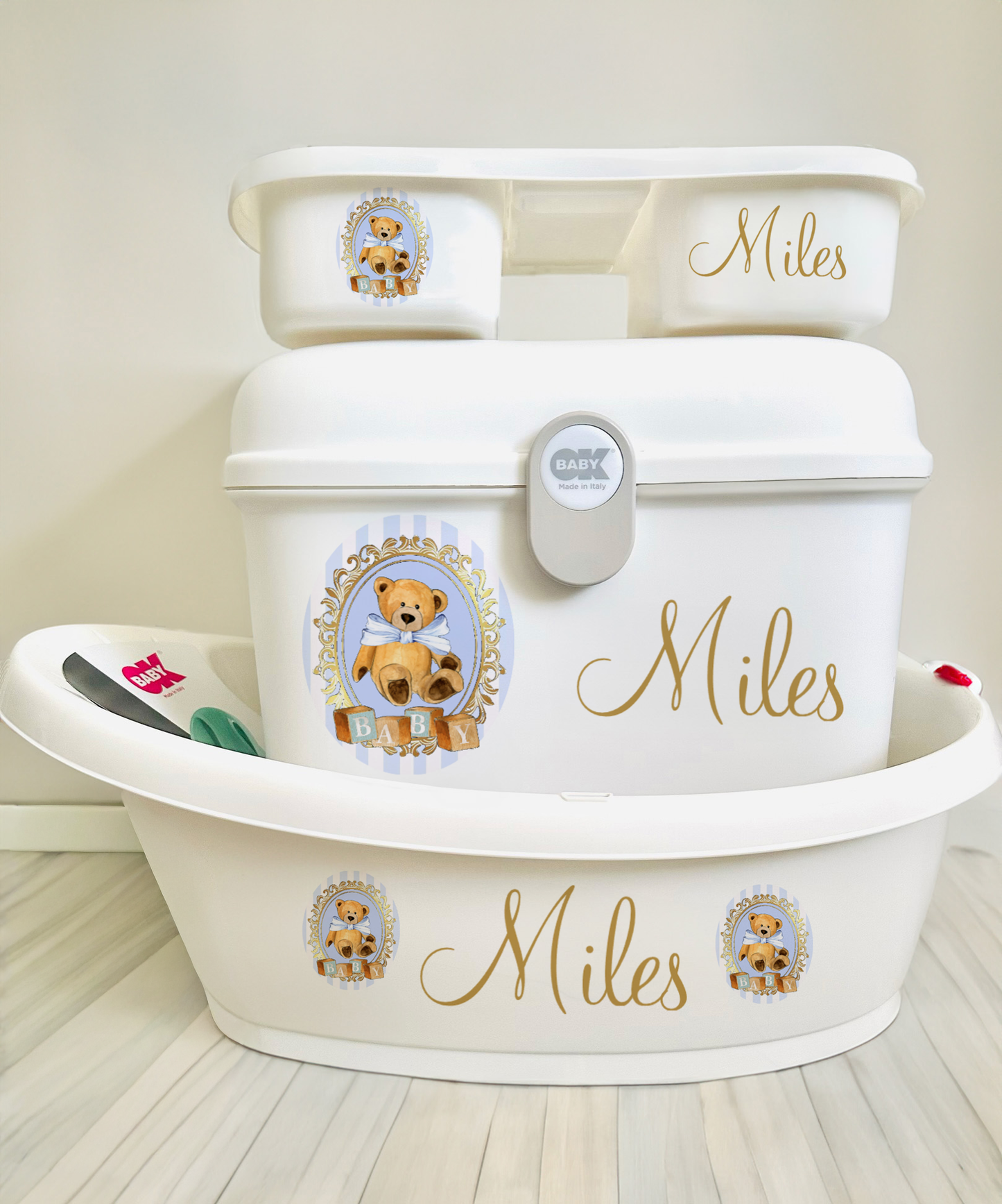 Ok baby bath personalised set Stripe bear Blue
