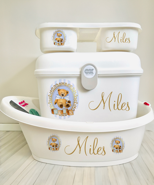 Ok baby bath personalised set Stripe bear Blue