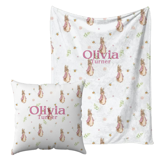 Personalised peter rabbit pink Blanket and pillow sets