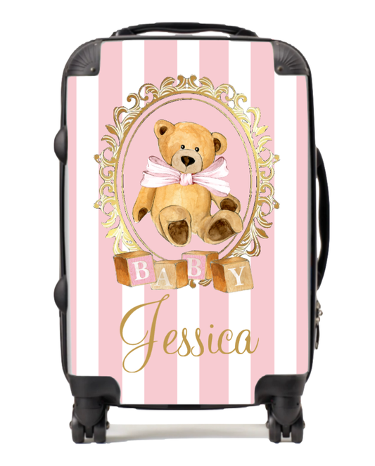 Personalised stripe Vintage Pink bear Suitcase