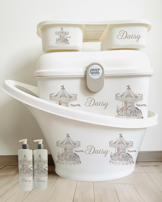 Shnuggle bath personalised set Watercolour carousal cream