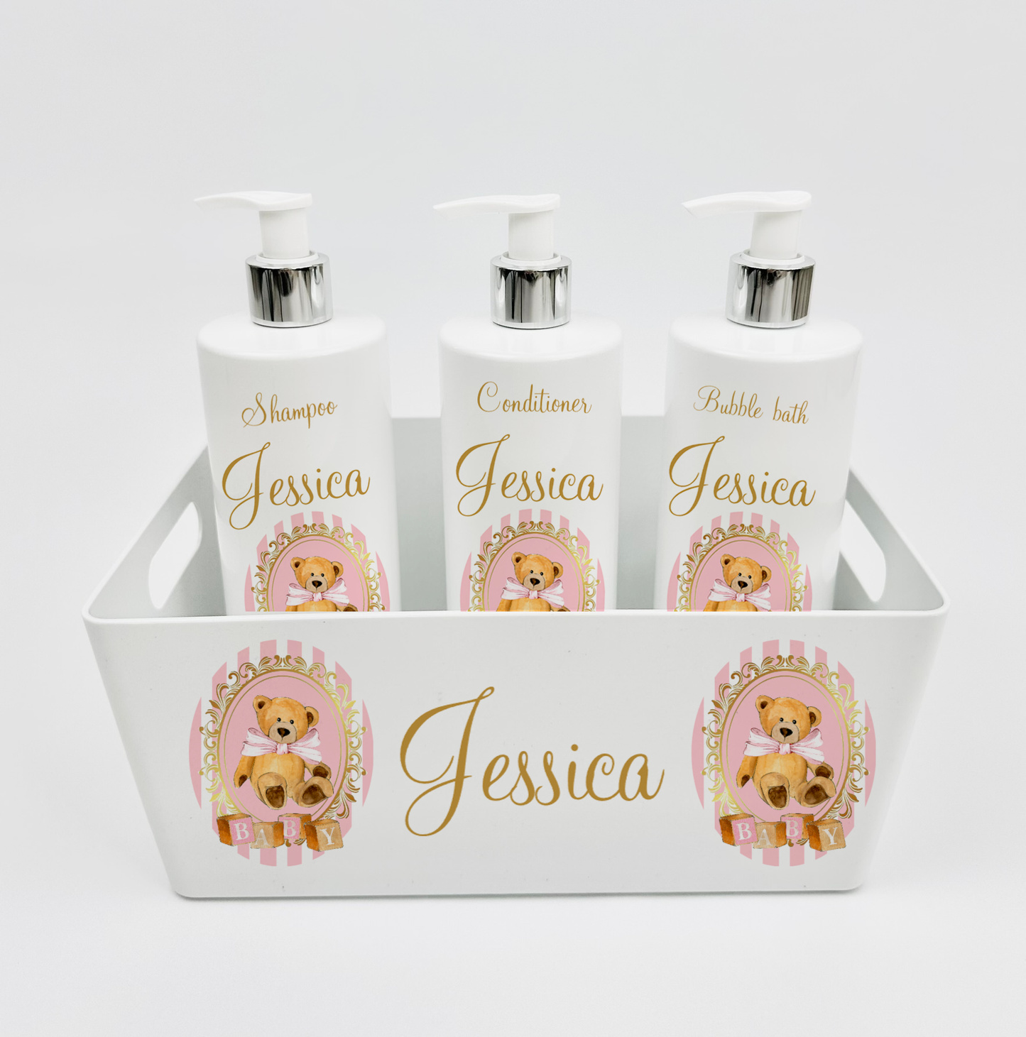 Ok baby bath personalised set Stripe bear Pink