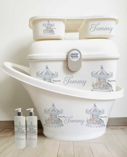 Shnuggle bath personalised set Watercolour carousal blue