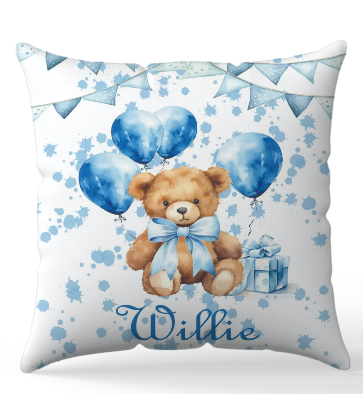 Personalised Stripe Blue balloon Bear Blanket and pillow sets