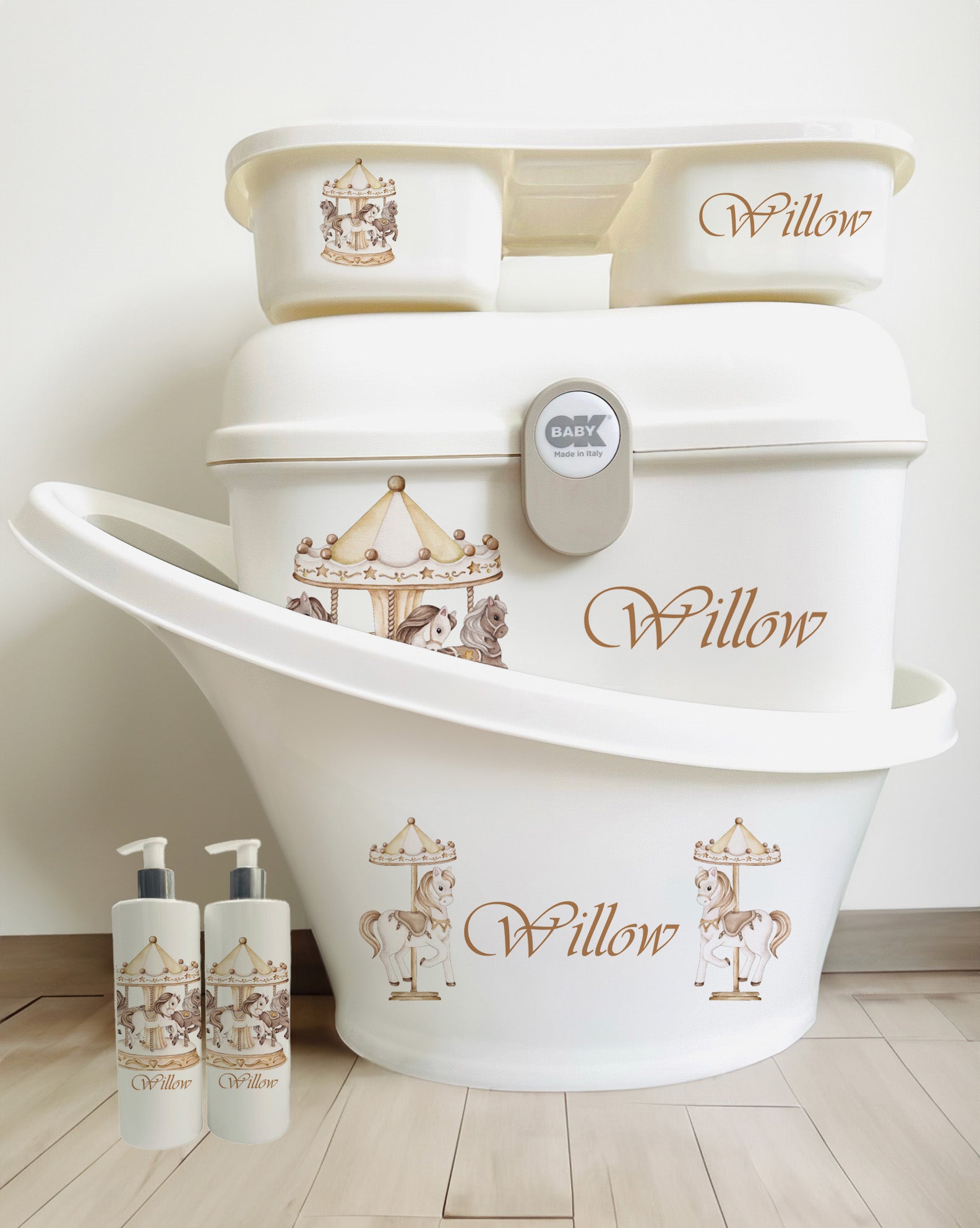 Shnuggle bath personalised set Carousel cream