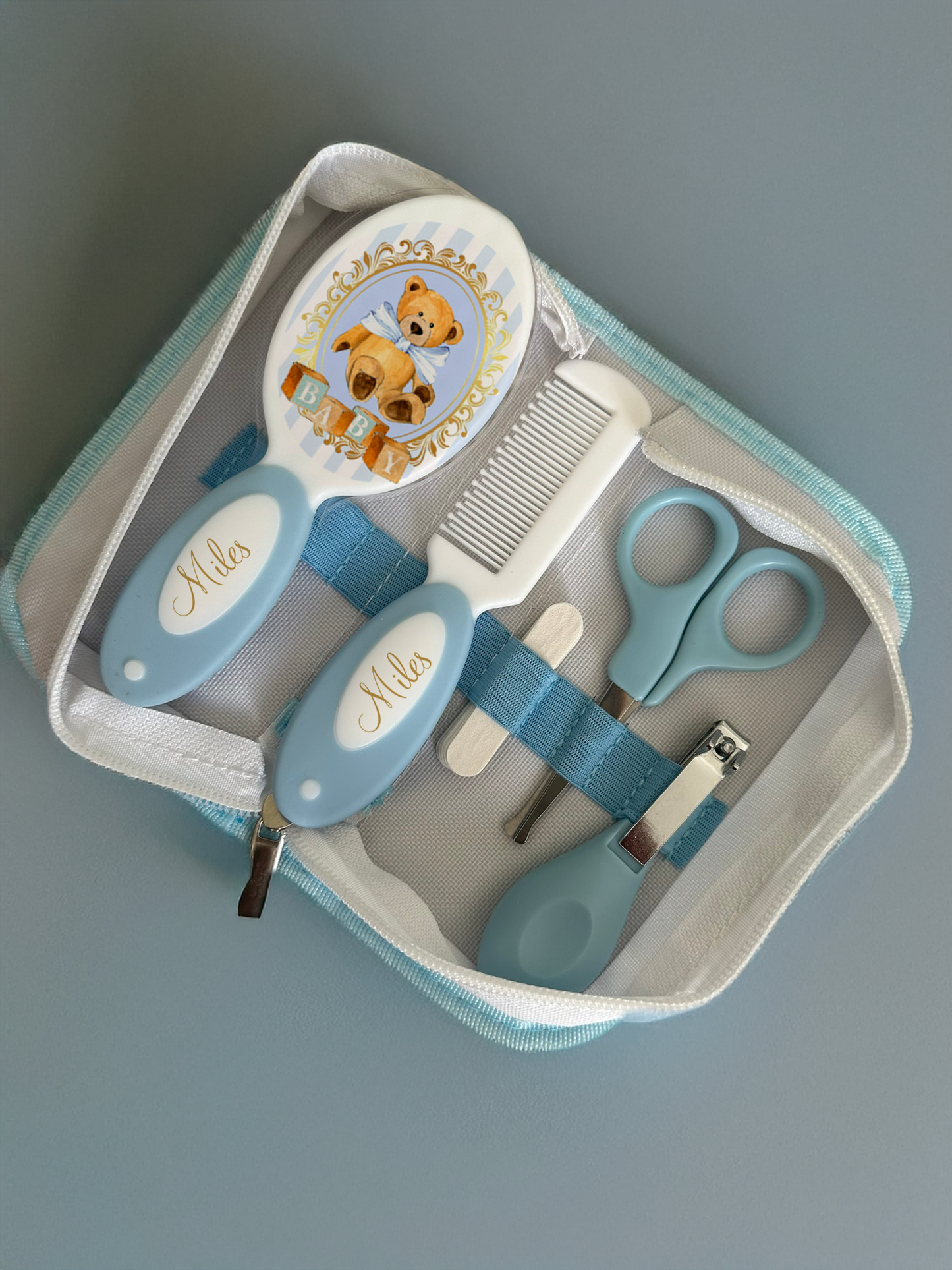 Ok baby bath personalised set Stripe bear Blue