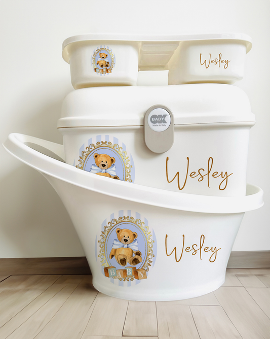 Shnuggle bath personalised set Stripe bear Blue