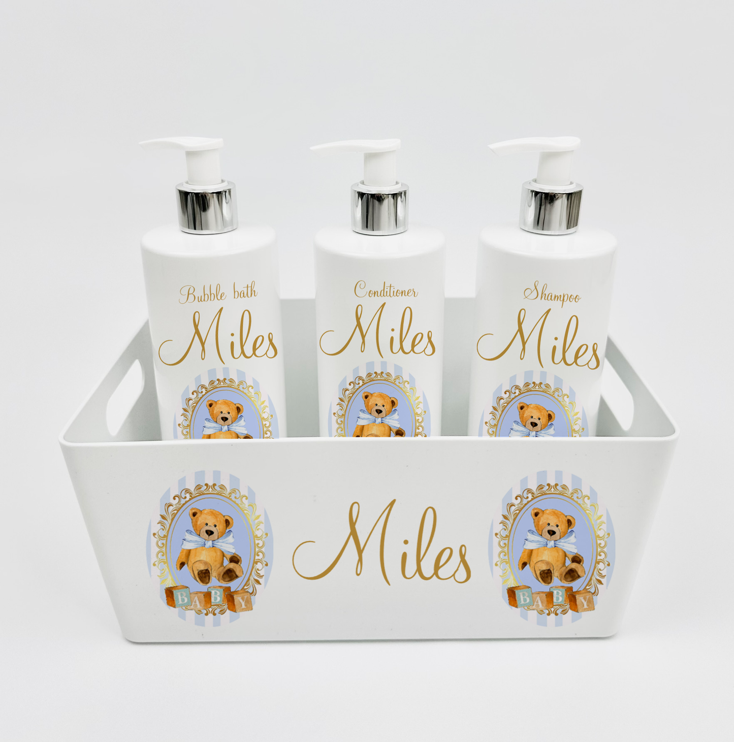 Ok baby bath personalised set Stripe bear Blue