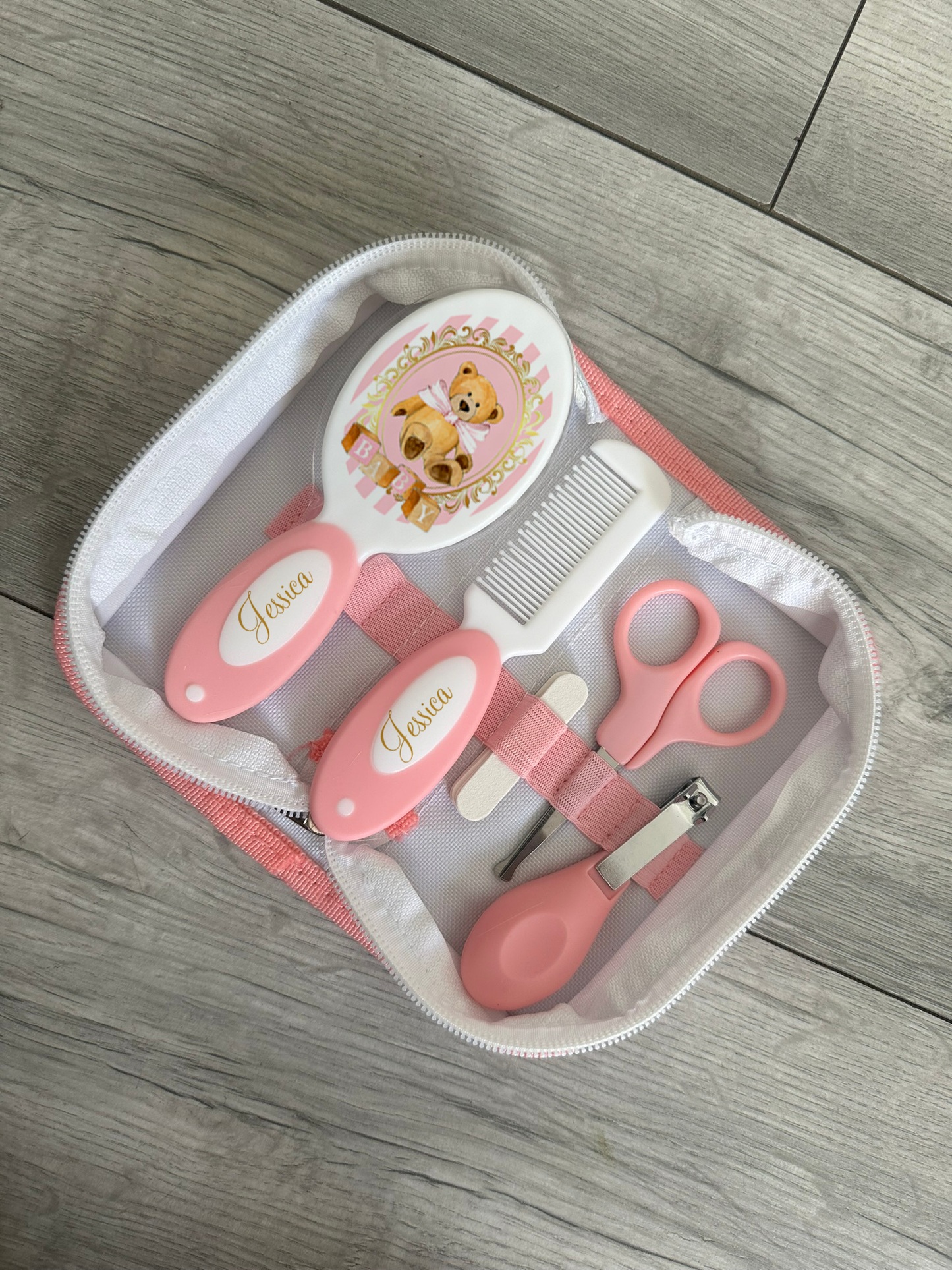 Ok baby bath personalised set Stripe bear Pink