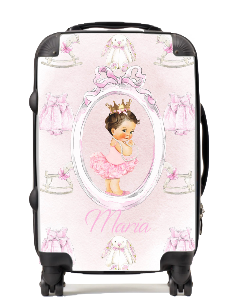 Personalised Lux Pink Brown Hair baby suitcase and changing bag