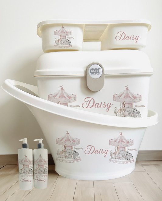 Shnuggle bath personalised set Watercolour carousal pink