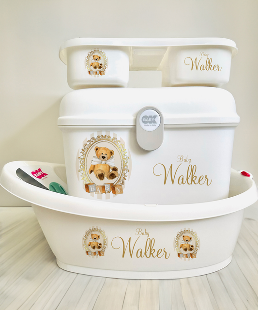 Ok baby bath personalised set Stripe bear Cream