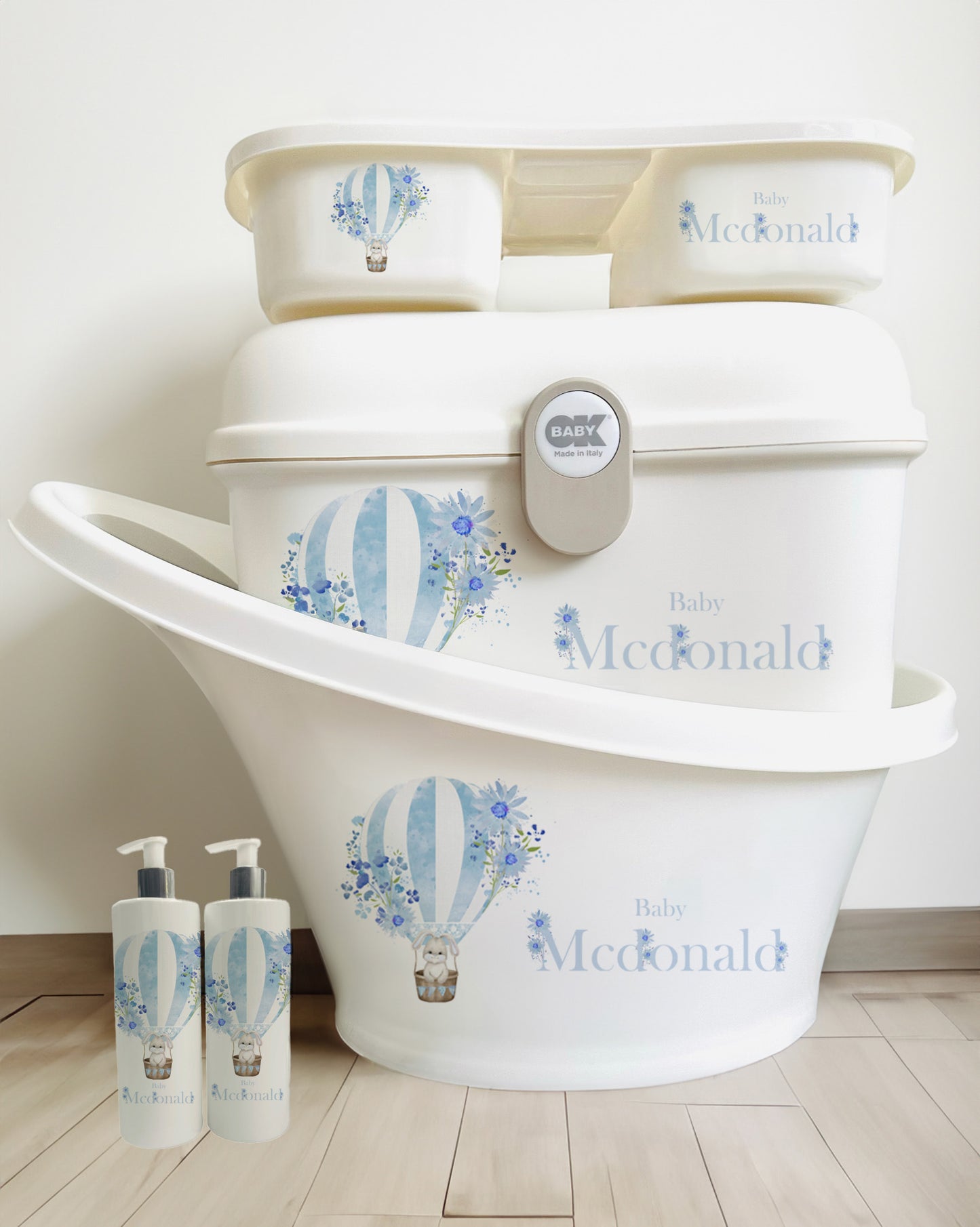 Shnuggle bath personalised set hot air balloon blue flowers