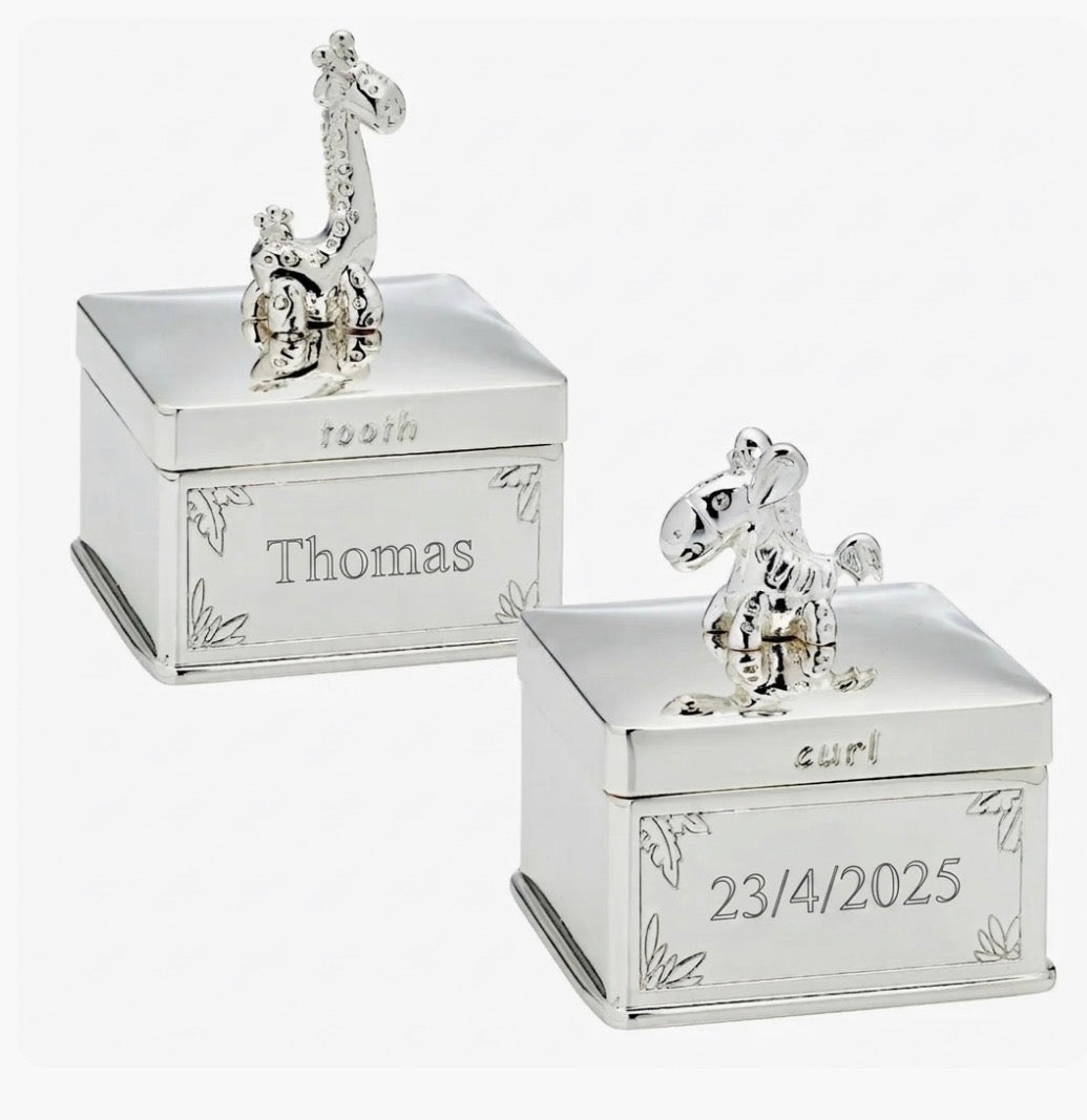 Engraved silver curl and tooth box