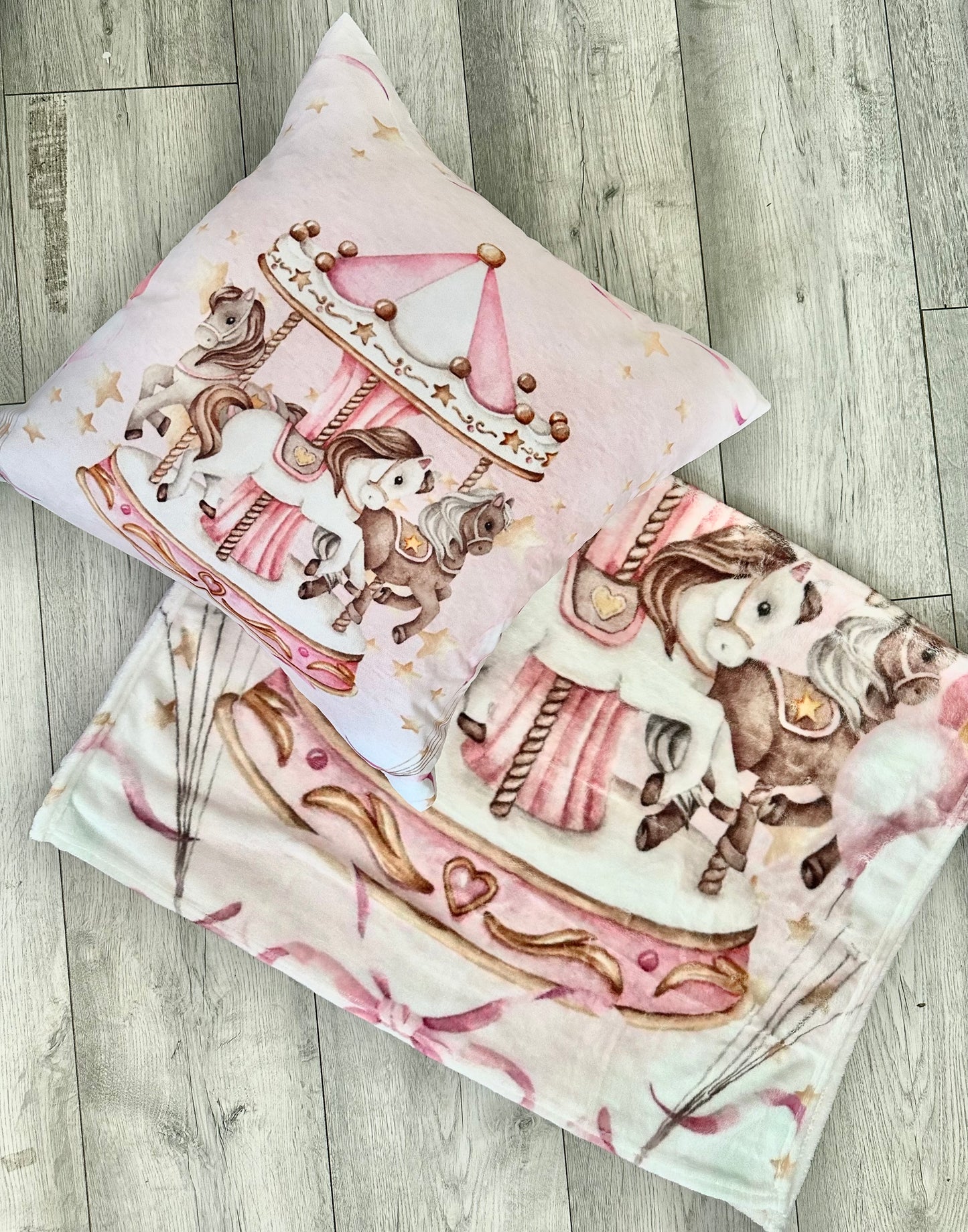 Embroidered Name Pink carousel Blanket and pillow sets