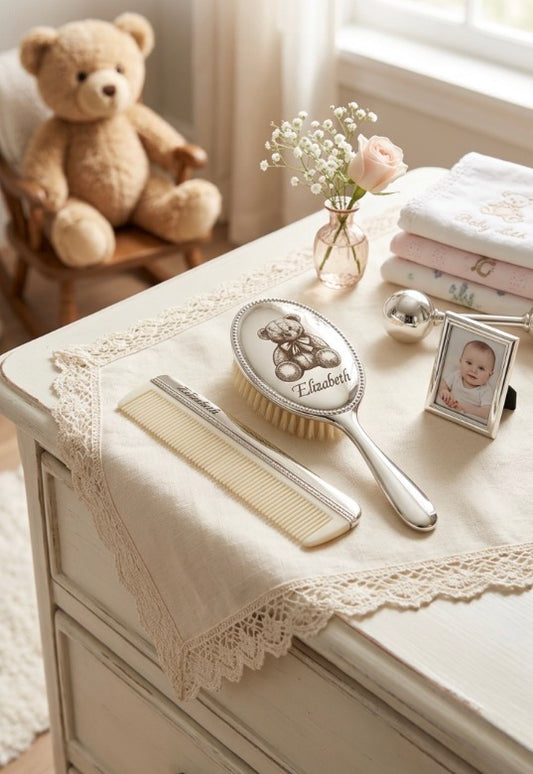 Engraved sliver brush and comb set