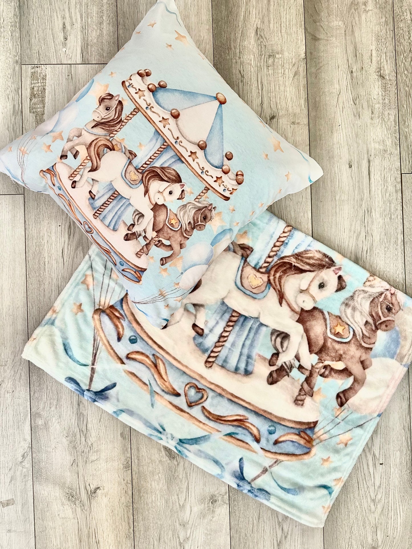 Embroidered Name Blue carousel Blanket and pillow sets