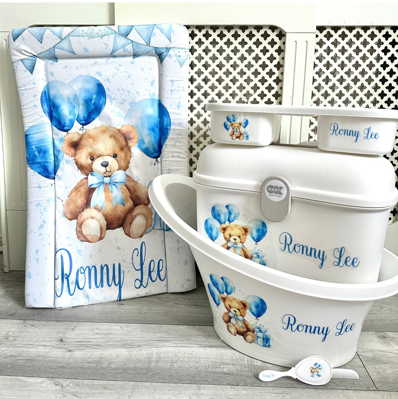 Shnuggle bath personalised set Blue bear