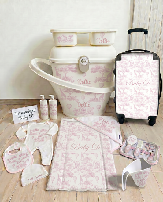 Shnuggle personalised baby bundle Pink Saffari