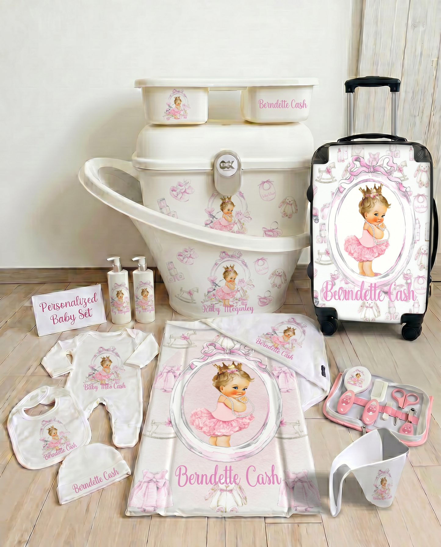 Shnuggle personalised baby bundle lux pink blonde