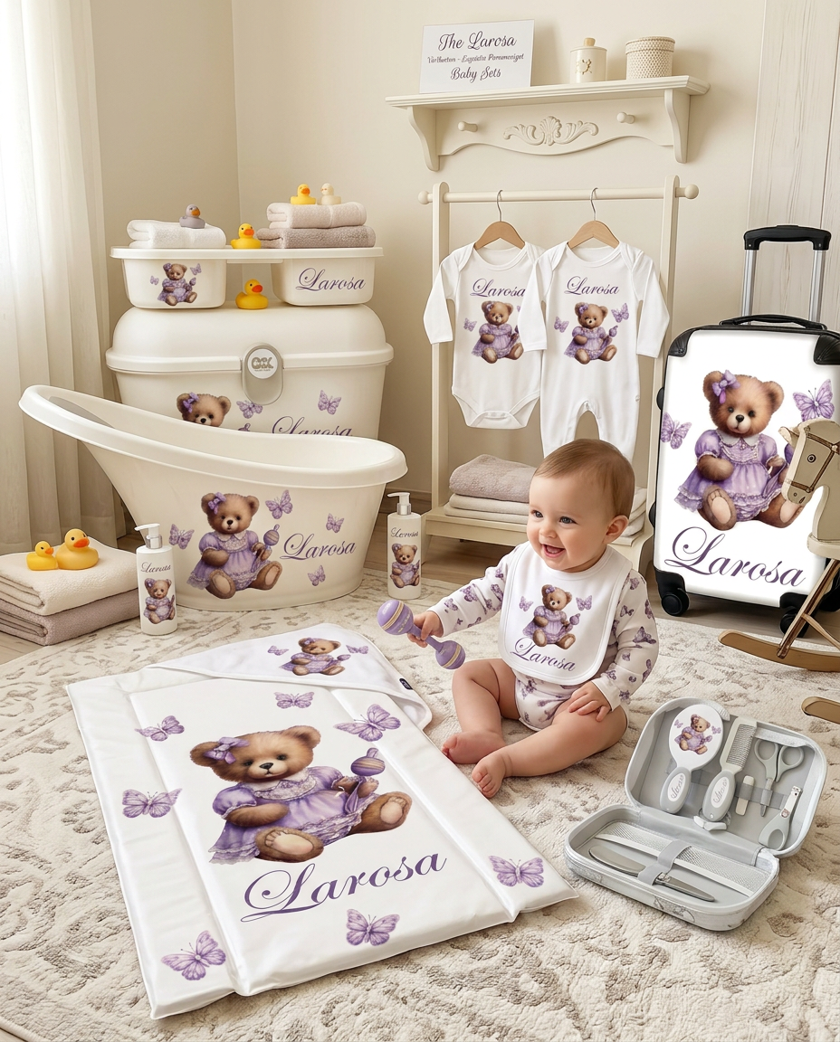 Shnuggle personalised baby bundle Purple bear