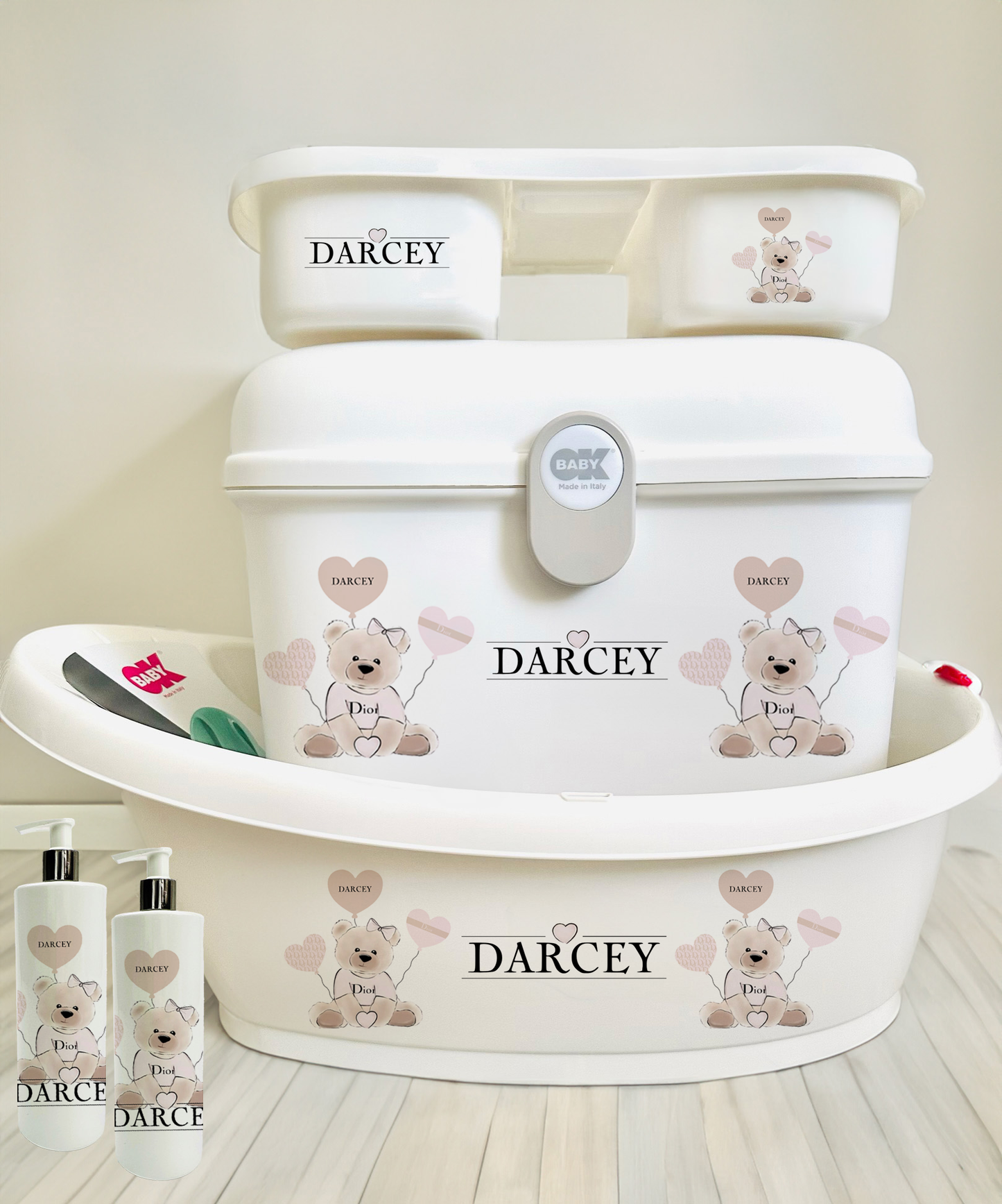 Ok Baby bath personalised set Designer pink bear