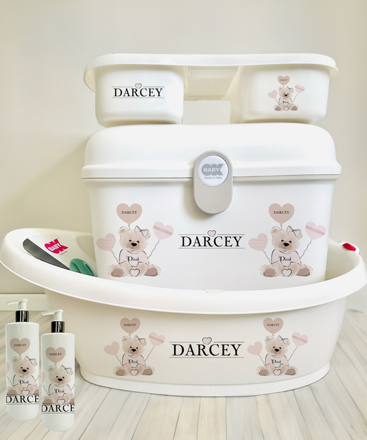 Ok Baby bath personalised set Designer pink bear