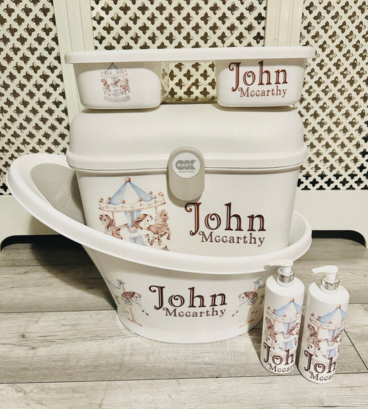 Shnuggle bath personalised set Carousel blue